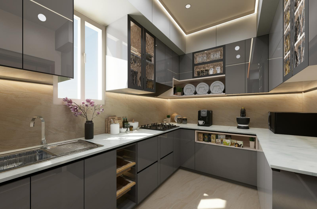 Modern kitchen featuring dark grey cabinets and white custom stone countertops.